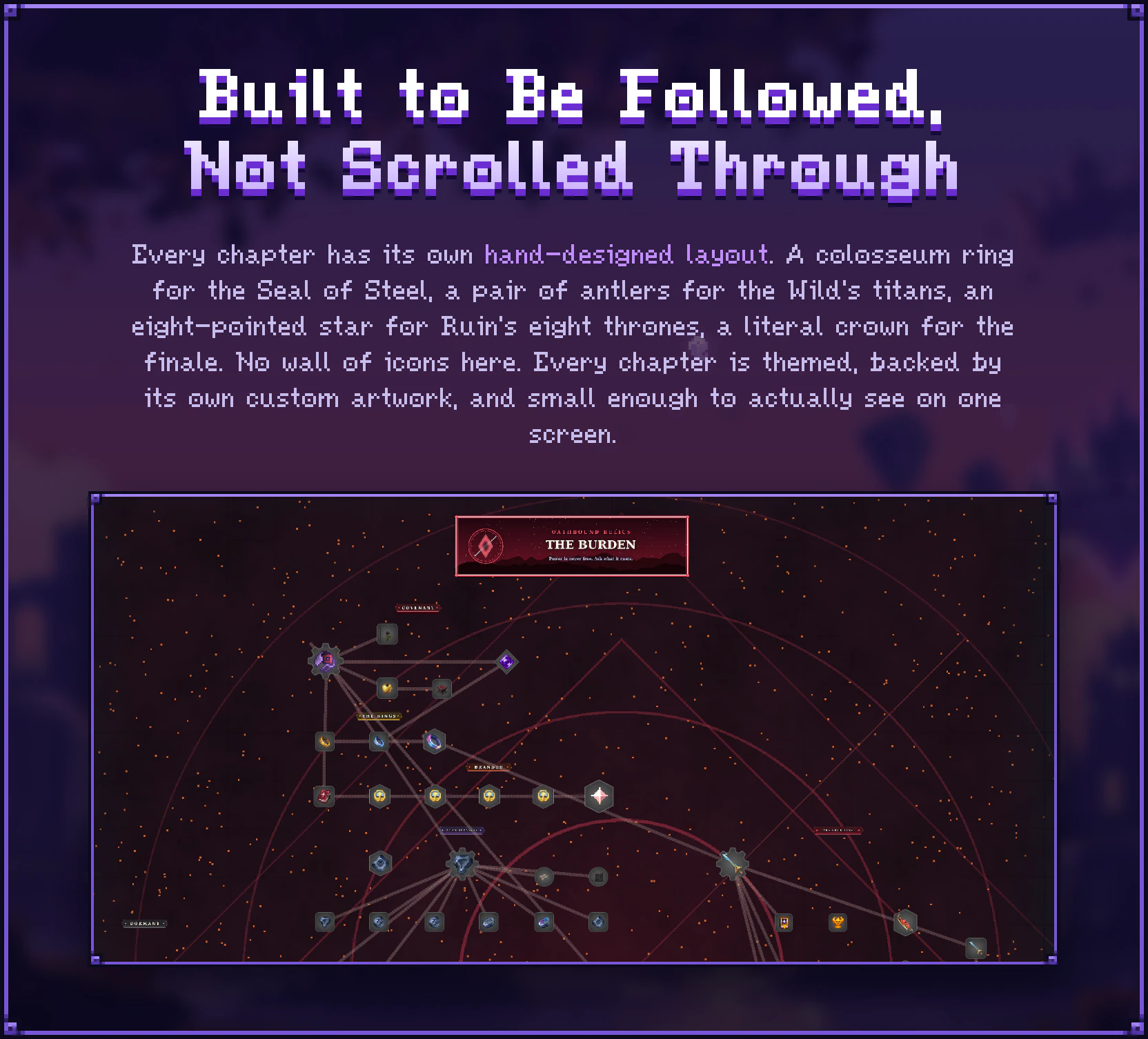 Built to Be Followed, Not Scrolled Through. Every chapter has its own hand-designed layout. A colosseum ring for the Seal of Steel, a pair of antlers for the Wild's titans, an eight-pointed star for Ruin's eight thrones, a literal crown for the finale. No wall of icons here. Every chapter is themed, backed by its own custom artwork, and small enough to actually see on one screen.